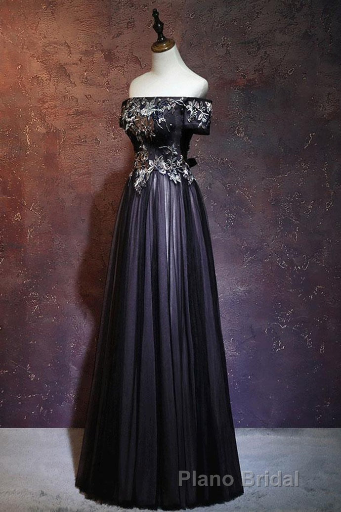Beauty Off The Shoulder Floor Length Lace Up Long Black Formal Prom Dresses With Appliques