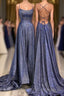 Beautiful Spaghetti Straps Backless Long Blue Party Formal Prom Dresses