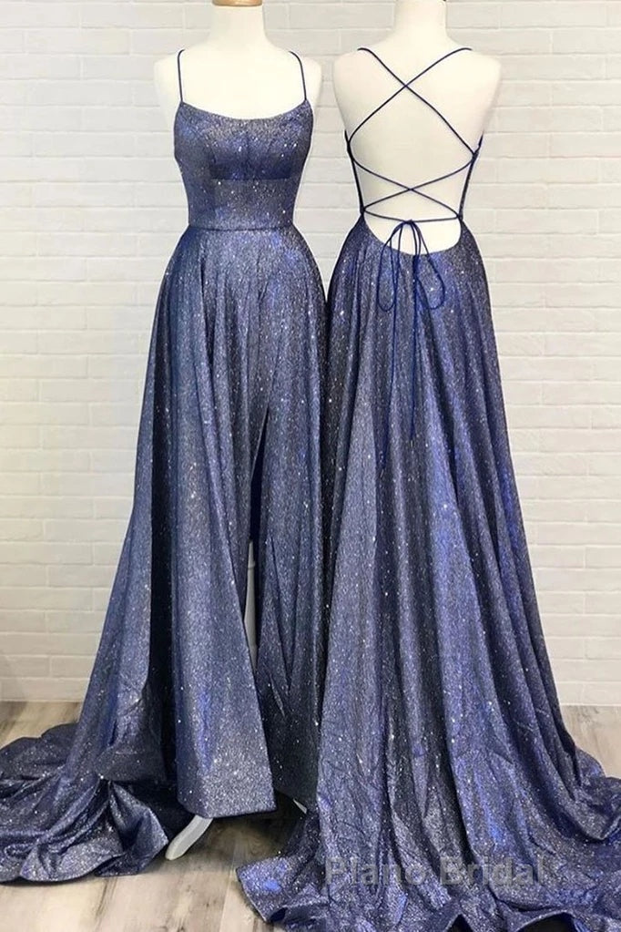 Beautiful Spaghetti Straps Backless Long Blue Party Formal Prom Dresses Secondary image