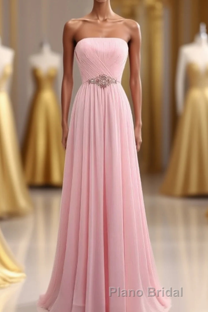 Elegant Strapless A-line Pink Chiffon Long Formal Prom Dresses Girly Dresses Main image