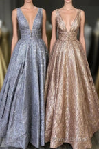 Amazing Unique V-neck Long Formal Prom Dresses Gorgeous Modest Floor Length Party Dresses
