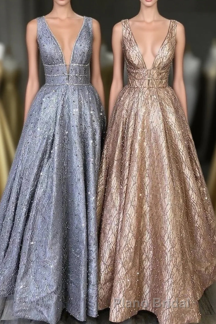 Amazing Unique V-neck Long Formal Prom Dresses Gorgeous Modest Floor Length Party Dresses