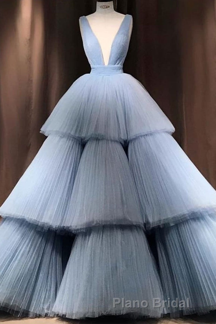 Modest Ball Gown Long V-neck Light Blue Princess Formal Prom Dresses Quinceanera Dresses Secondary image