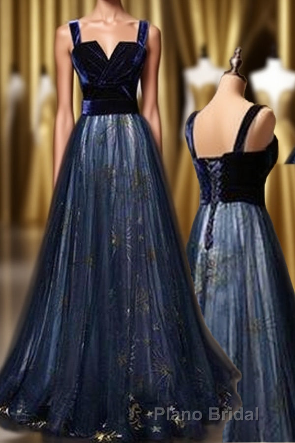 Elegant Long Lace Up Velvet Tulle Formal Prom Dresses Modest Party Gowns Main image