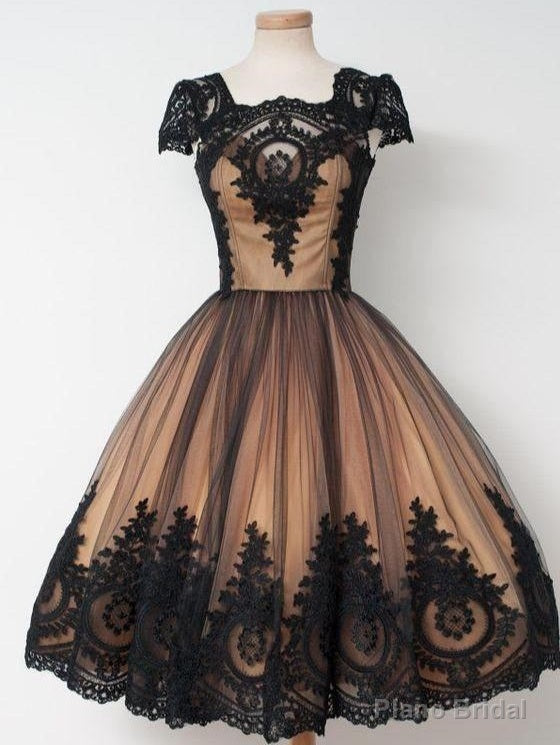 Black Lace Short Vintage Prom Dress with Cap Sleeves Main image