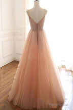 Tulle A-line Lace Up Back Straps Evening Dresses Sequins Prom Dresses