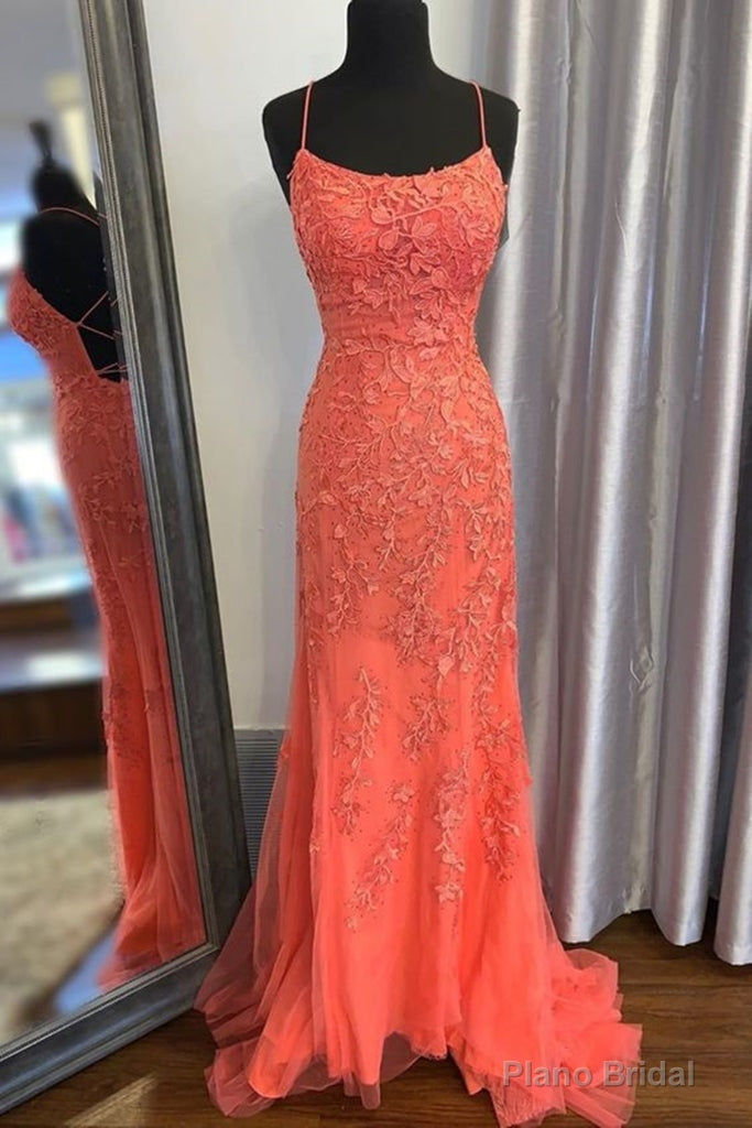 Mermaid Backless Orange Lace Long Prom Dress, Mermaid Orange Lace Formal Dress, Orange Lace Evening Dress Main image