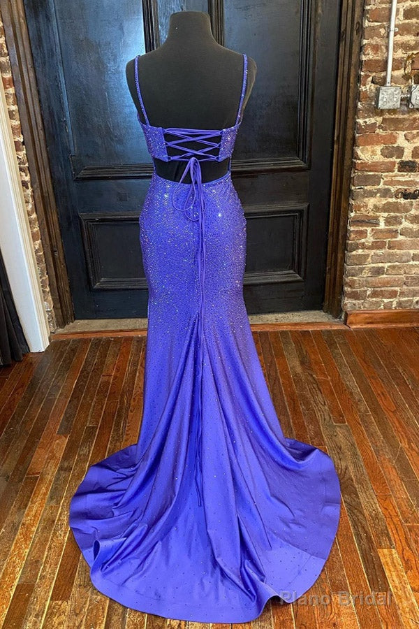 Gorgeous Purple Long Mermaid Sequined High Neck Prom Dress With Slit