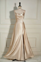 Champagne Cowl Neck Straps A-line Satin Long Dress with Slit