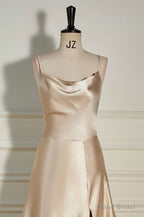 Champagne Cowl Neck Straps A-line Satin Long Dress with Slit