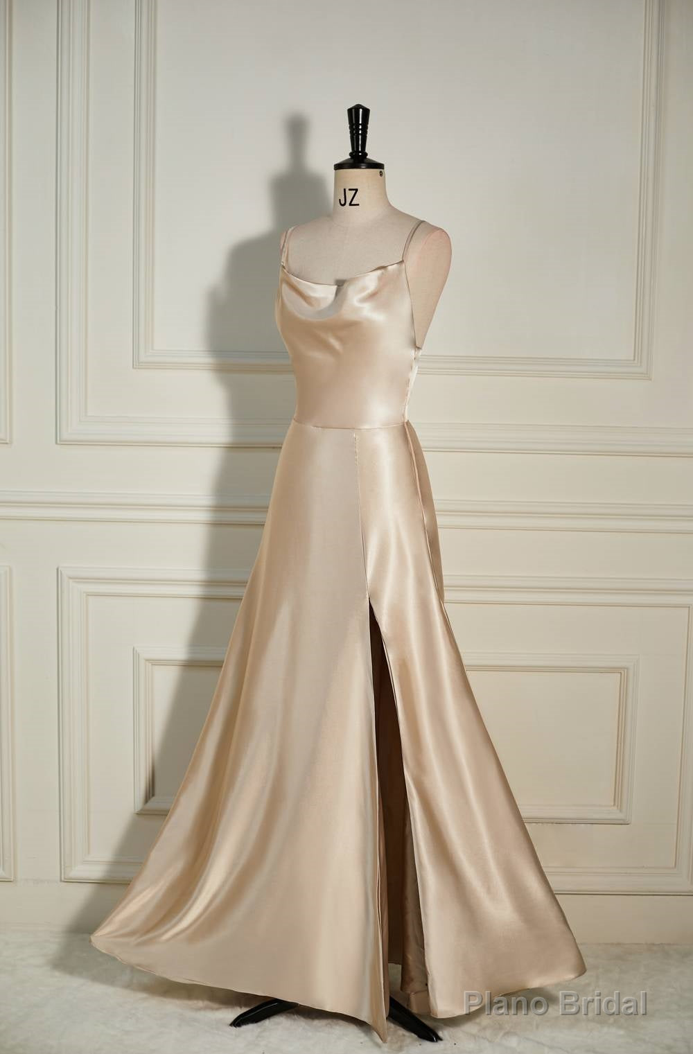 Champagne Cowl Neck Straps A-line Satin Long Dress with Slit Secondary image