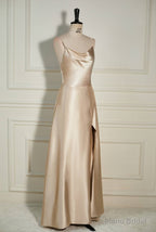 Champagne Cowl Neck Straps A-line Satin Long Dress with Slit