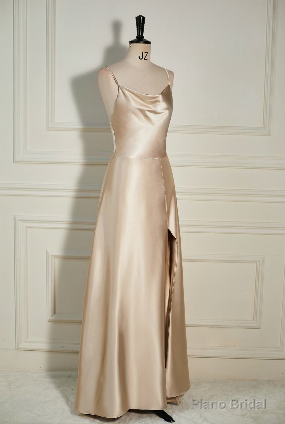 Champagne Cowl Neck Straps A-line Satin Long Dress with Slit
