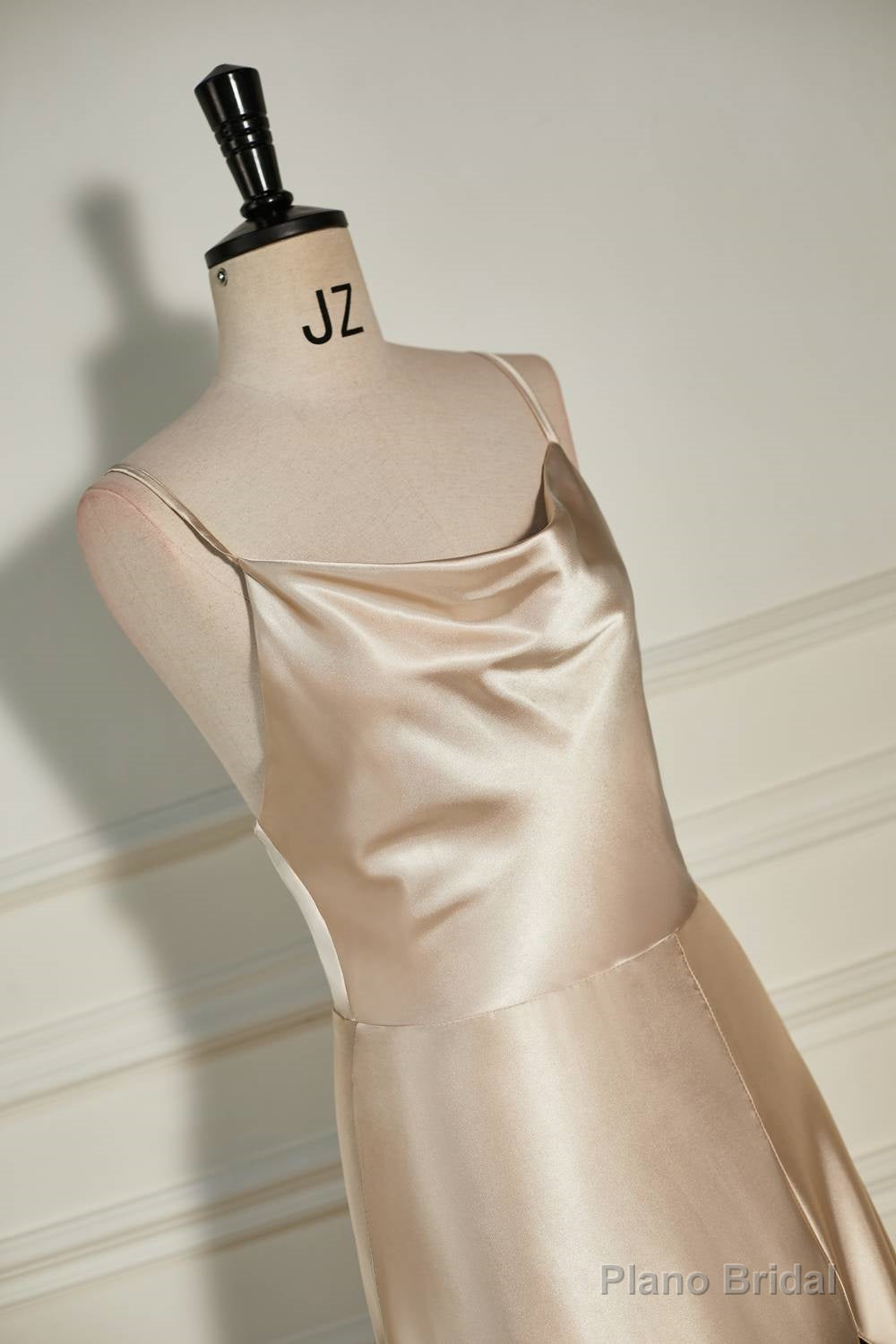 Champagne Cowl Neck Straps A-line Satin Long Dress with Slit
