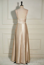Champagne Cowl Neck Straps A-line Satin Long Dress with Slit