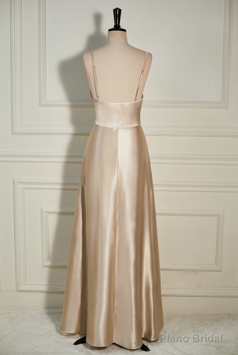 Champagne Cowl Neck Straps A-line Satin Long Dress with Slit
