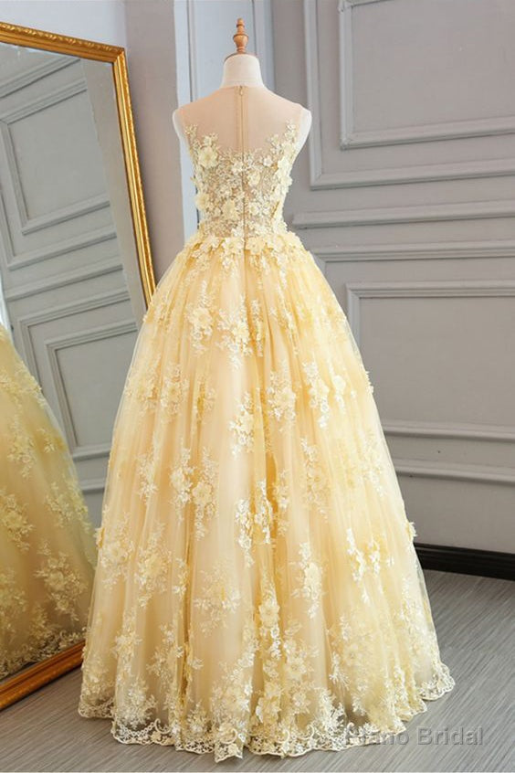 Yellow Sheer Neck Tulle Lace Floral Floor Length Prom Dresses Main image