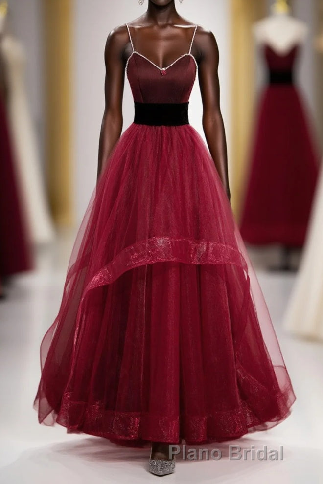 Wine Red Straps Beaded Sweetheart Tulle Prom Dresses, Wine Red A-Line Formal Prom Dresses Main image