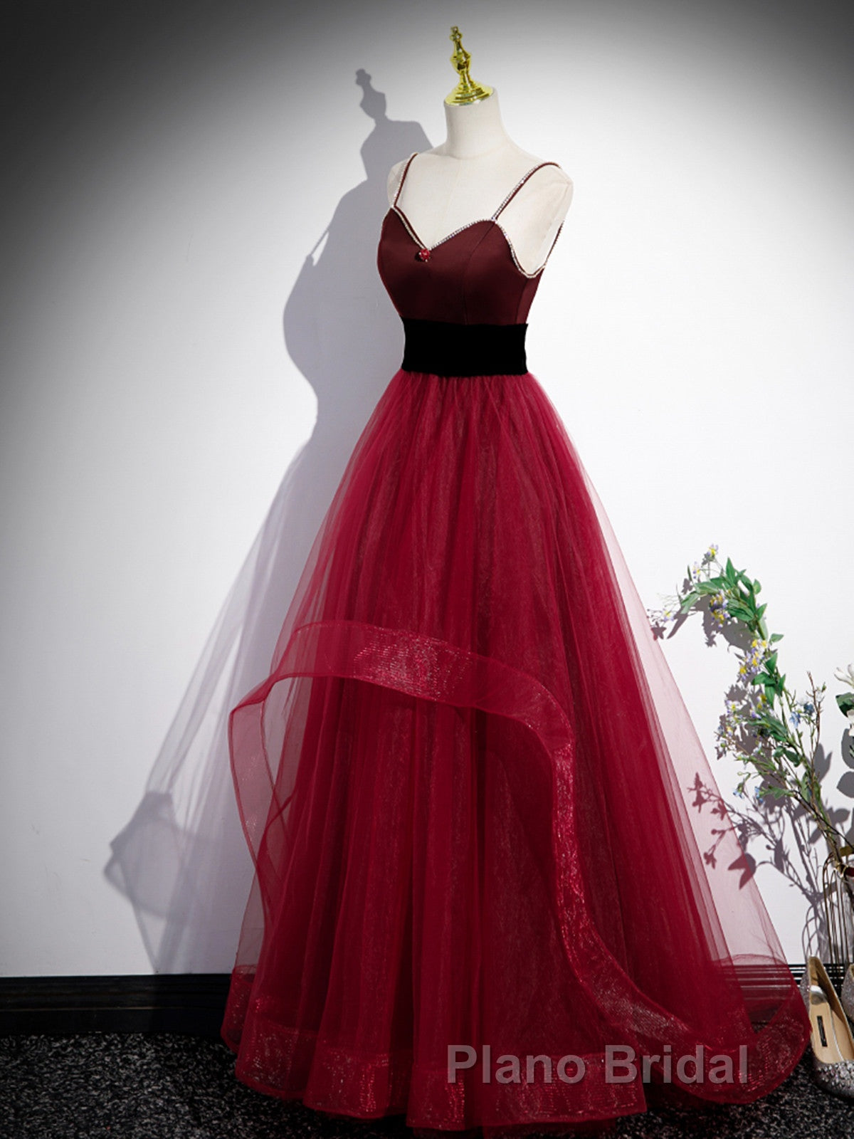 Wine Red Straps Beaded Sweetheart Tulle Prom Dresses, Wine Red A-Line Formal Prom Dresses