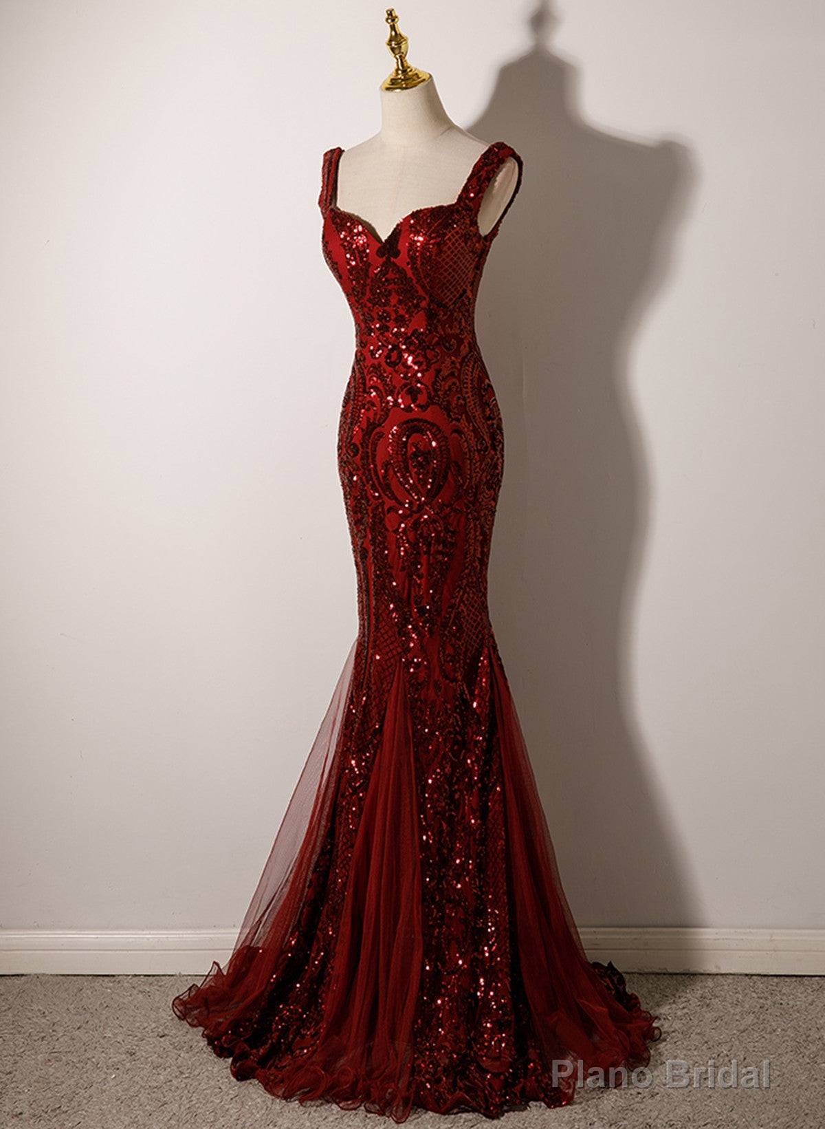 Wine Red Straps Sweetheart Mermaid Long Party Dress, Wine Red Sequins Prom Dress Main image