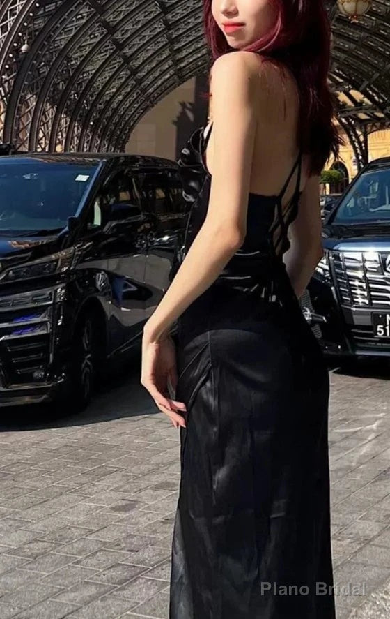 Vintage Prom Dresses 90S, Black Split Spaghetti Strap Prom Dress Long With Slit