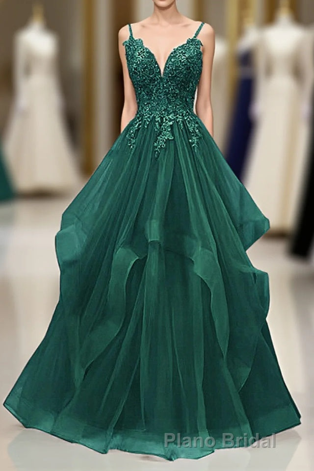 A-Line Tulle With Lace Applique Straps Long Party Dresses, Green Tulle Formal Prom Dresses