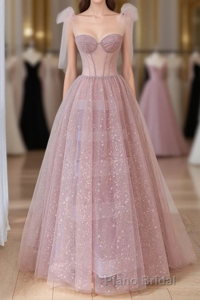 Lovely Shiny Tulle Pink Round Long Prom Dresses, Pink Tulle Formal Prom Dresses