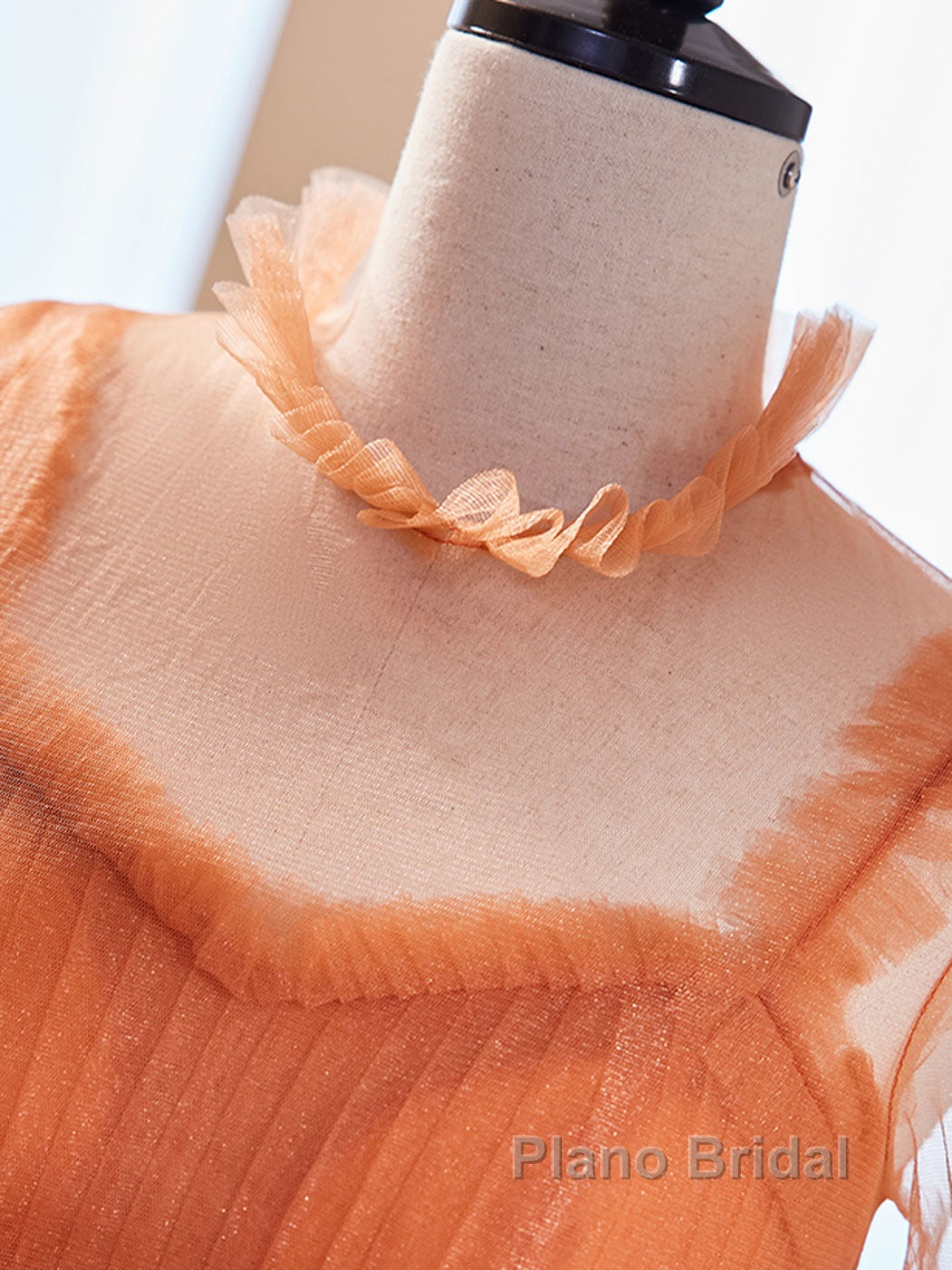 Unique High Neck Tulle Long Formal Prom Dresses, Orange Formal Evening Dresses