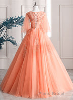Lovey Tulle V-Neckline Long Party Dresses With Lace, A-Line Tulle Sweet 16 Dresses