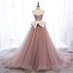 Pink Spaghetti Straps Tulle Long Formal Prom Dresses, Unique Long Wedding Dess