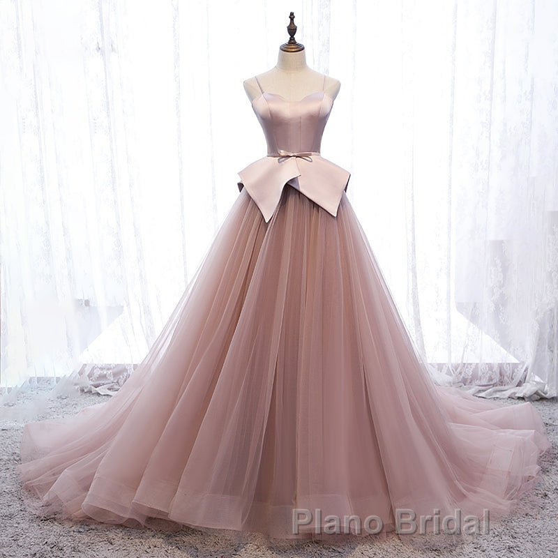 Pink Spaghetti Straps Tulle Long Formal Prom Dresses, Unique Long Wedding Dess