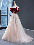 UniqueDressess Vintage Red Straps Tulle Prom Dresses, Elegant Applique Formal Prom Dresses