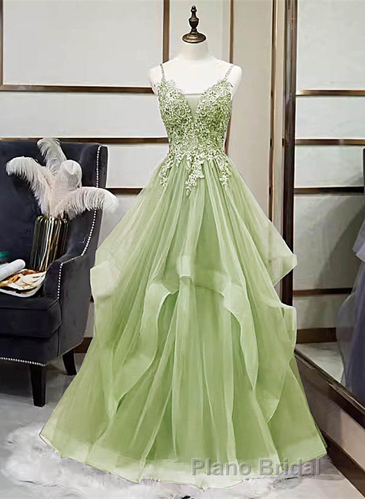 A-Line Tulle With Lace Applique Straps Long Party Dresses, Green Tulle Formal Prom Dresses Secondary image