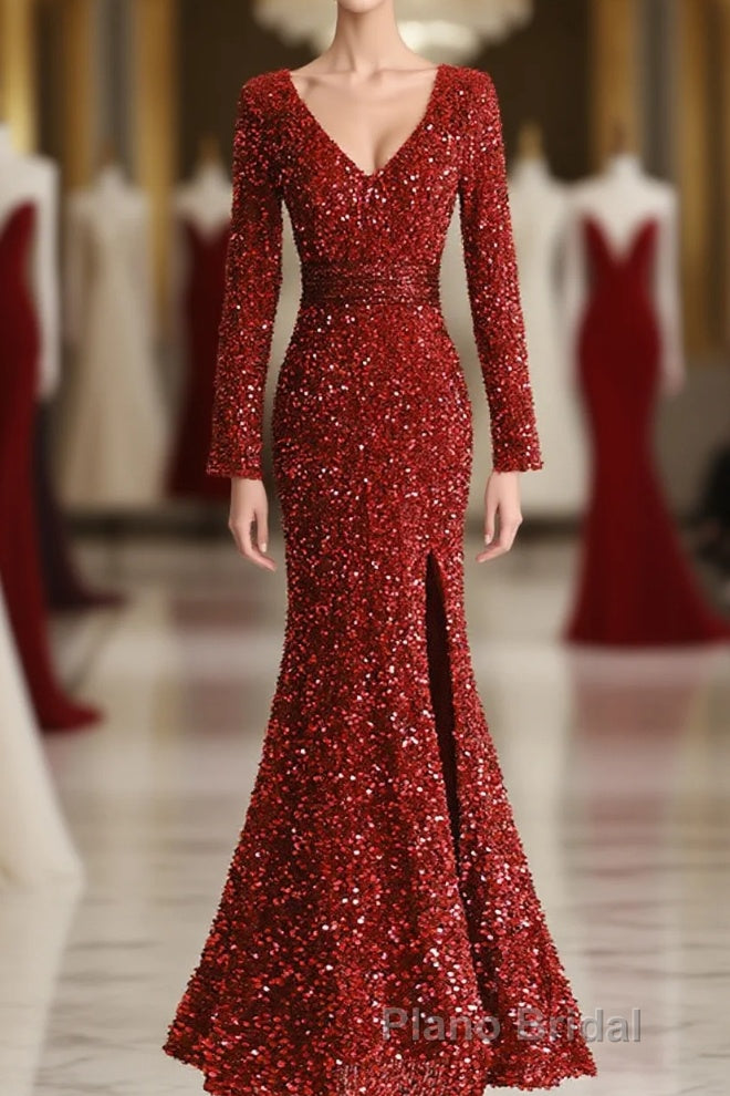 Wine Red Long Sleeves Mermaid Long Prom Dresses, Wine Red Formal Prom Dresses Main image