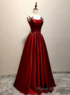 Wine Red Satin Straps Round Neckline Party Dresses, Wine Red Long Formal Prom Dresses