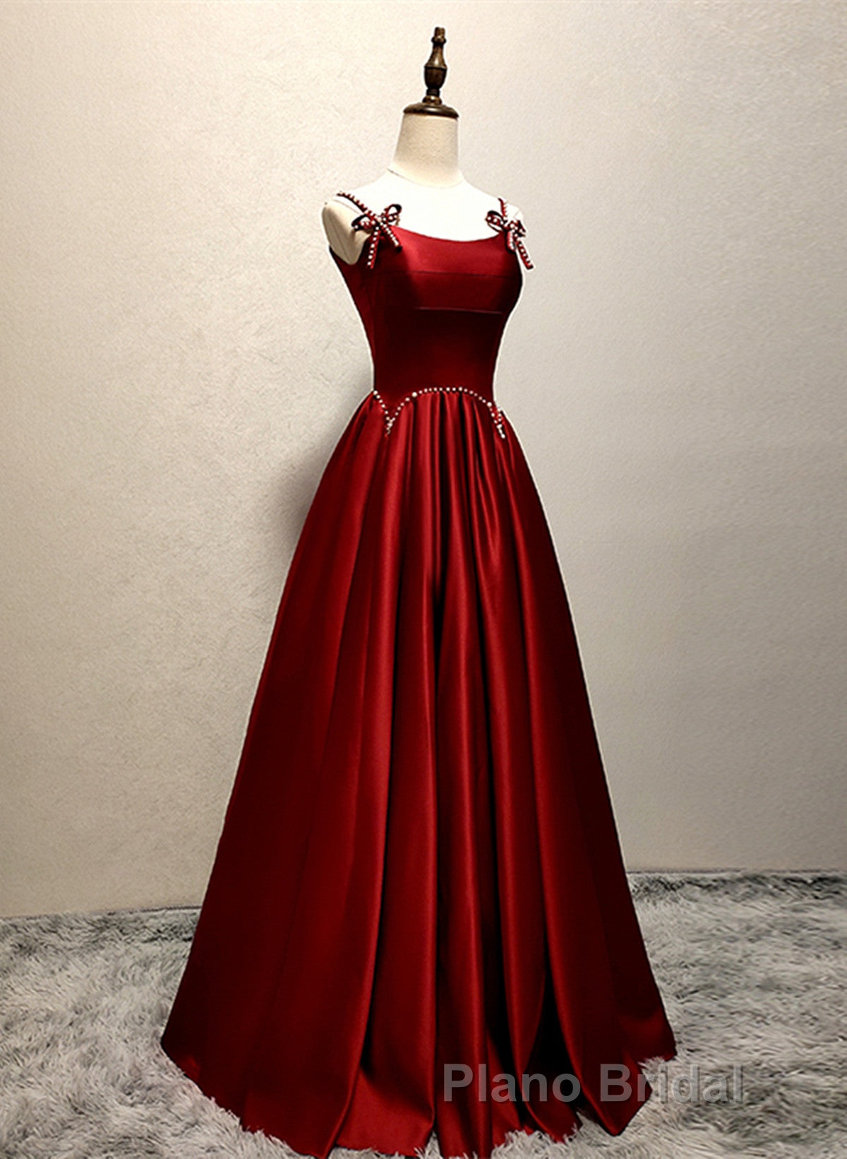 Wine Red Satin Straps Round Neckline Party Dresses, Wine Red Long Formal Prom Dresses