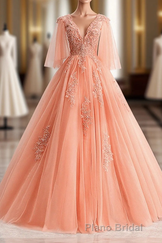 Lovey Tulle V-Neckline Long Party Dresses With Lace, A-Line Tulle Sweet 16 Dresses Main image