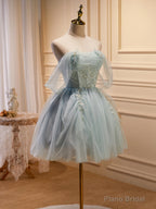 Green Tulle Beaded Short Prom Dress, Cute Off Shoulder Homecoming Dress