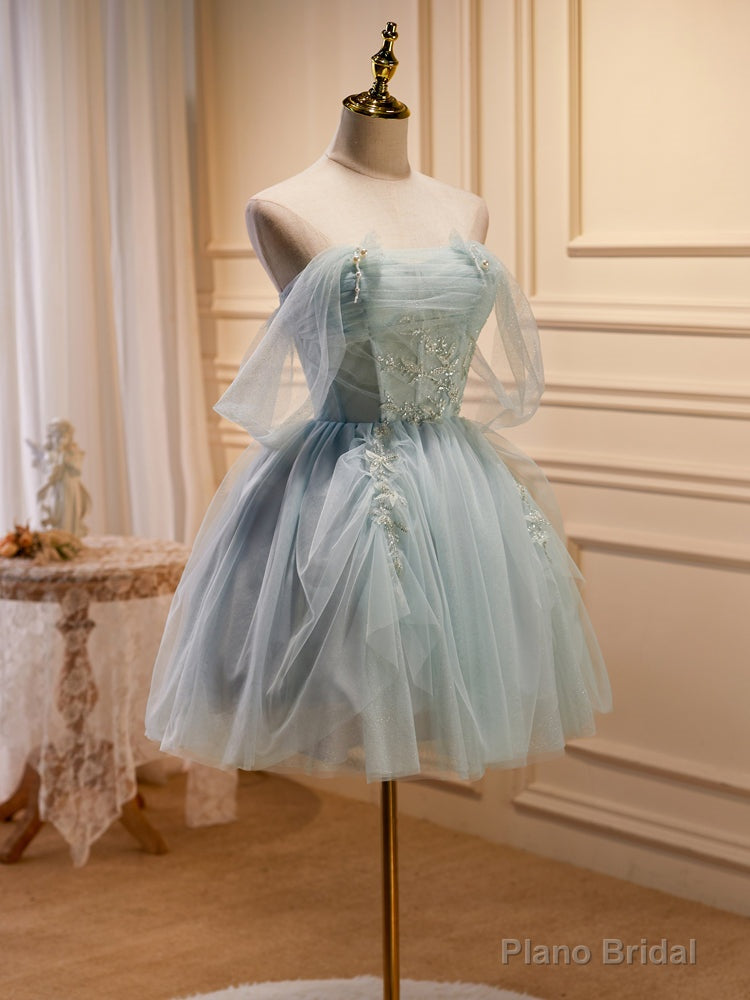 Green Tulle Beaded Short Prom Dress, Cute Off Shoulder Homecoming Dress
