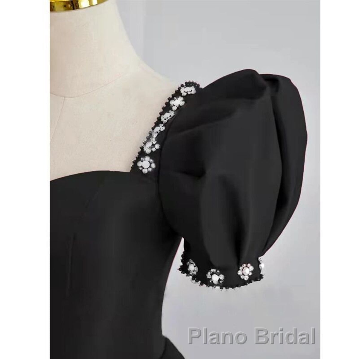 Black Sweetheart Short Sleeves Beaded Party Dresses, A-Line Black Satin Formal Prom Dresses Secondary image