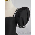 Black Sweetheart Short Sleeves Beaded Party Dresses, A-Line Black Satin Formal Prom Dresses