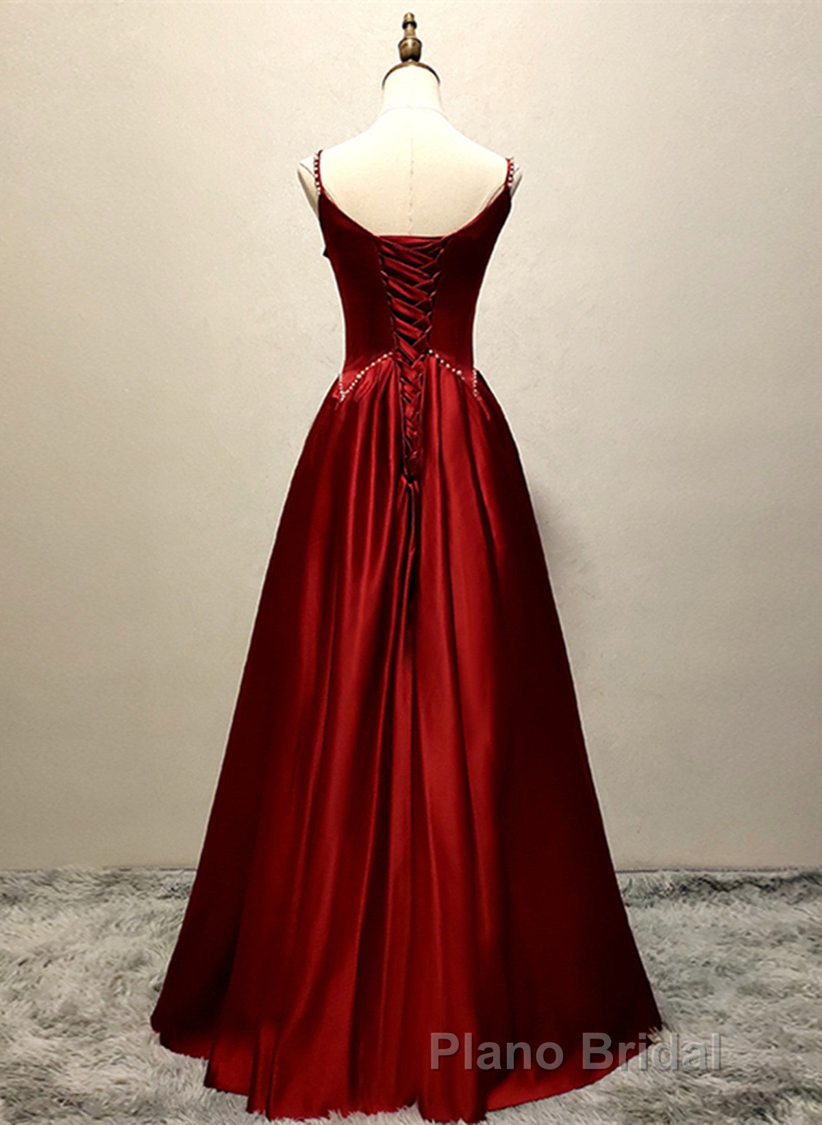 Wine Red Satin Straps Round Neckline Party Dresses, Wine Red Long Formal Prom Dresses