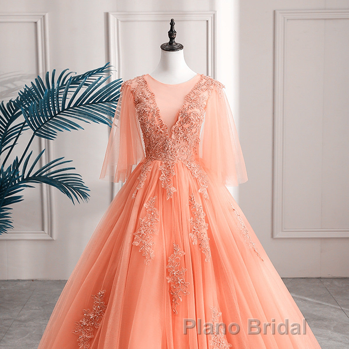 Lovey Tulle V-Neckline Long Party Dresses With Lace, A-Line Tulle Sweet 16 Dresses Secondary image