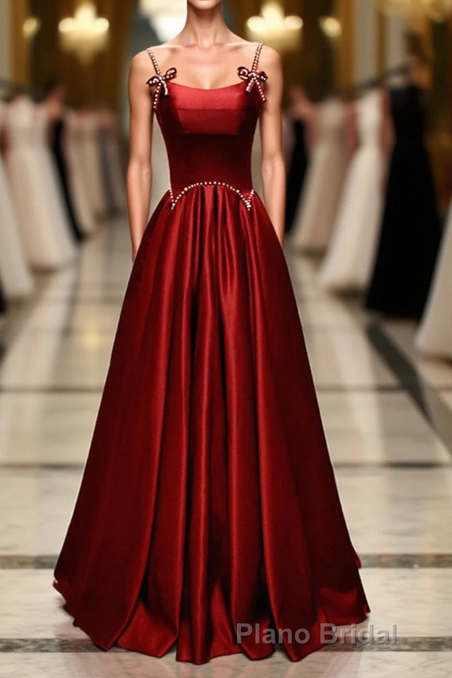 Wine Red Satin Straps Round Neckline Party Dresses, Wine Red Long Formal Prom Dresses Main image