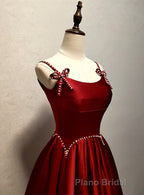 Wine Red Satin Straps Round Neckline Party Dresses, Wine Red Long Formal Prom Dresses