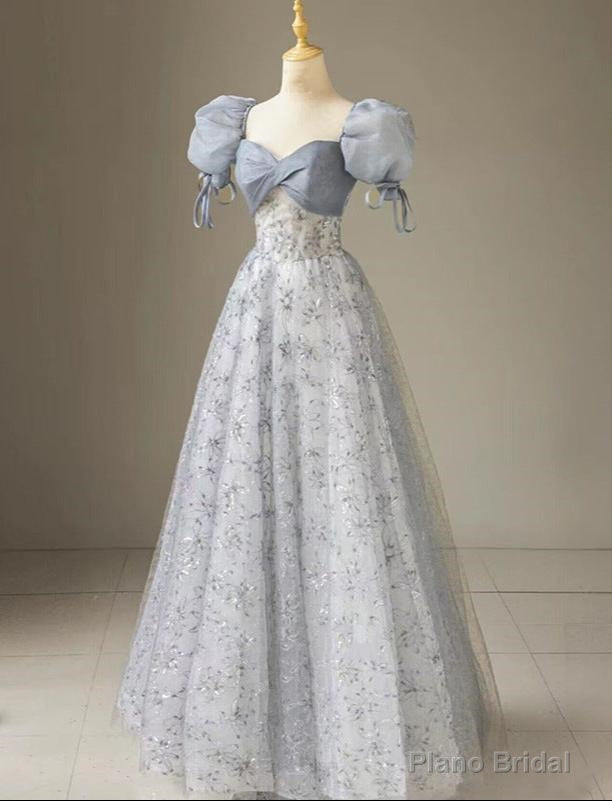 Cute Floral Printed Long Prom Dress A Line Puff Sleeves Blue Party Gown Main image