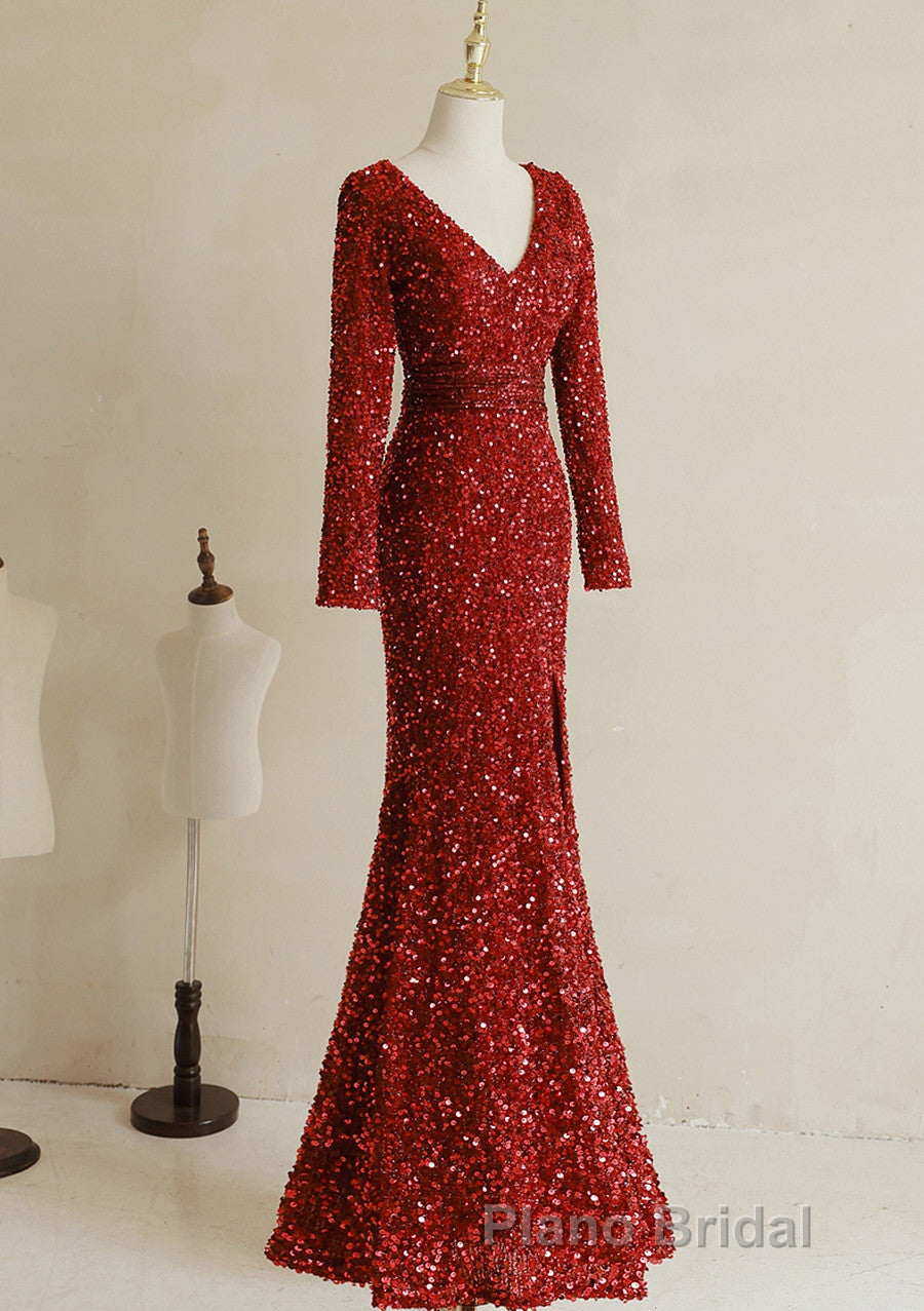 Wine Red Long Sleeves Mermaid Long Prom Dresses, Wine Red Formal Prom Dresses Secondary image