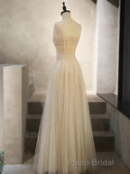 Champagne Tulle Long Formal Prom Dresses, Champagne Tulle Prom Dresses