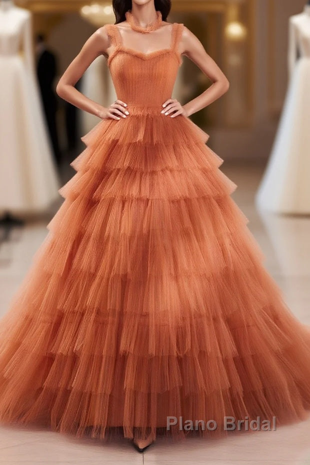Unique High Neck Tulle Long Formal Prom Dresses, Orange Formal Evening Dresses