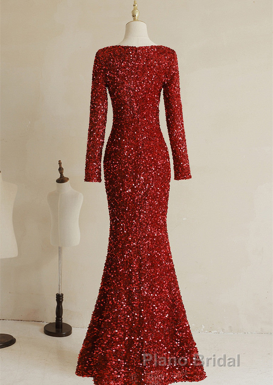 Wine Red Long Sleeves Mermaid Long Prom Dresses, Wine Red Formal Prom Dresses